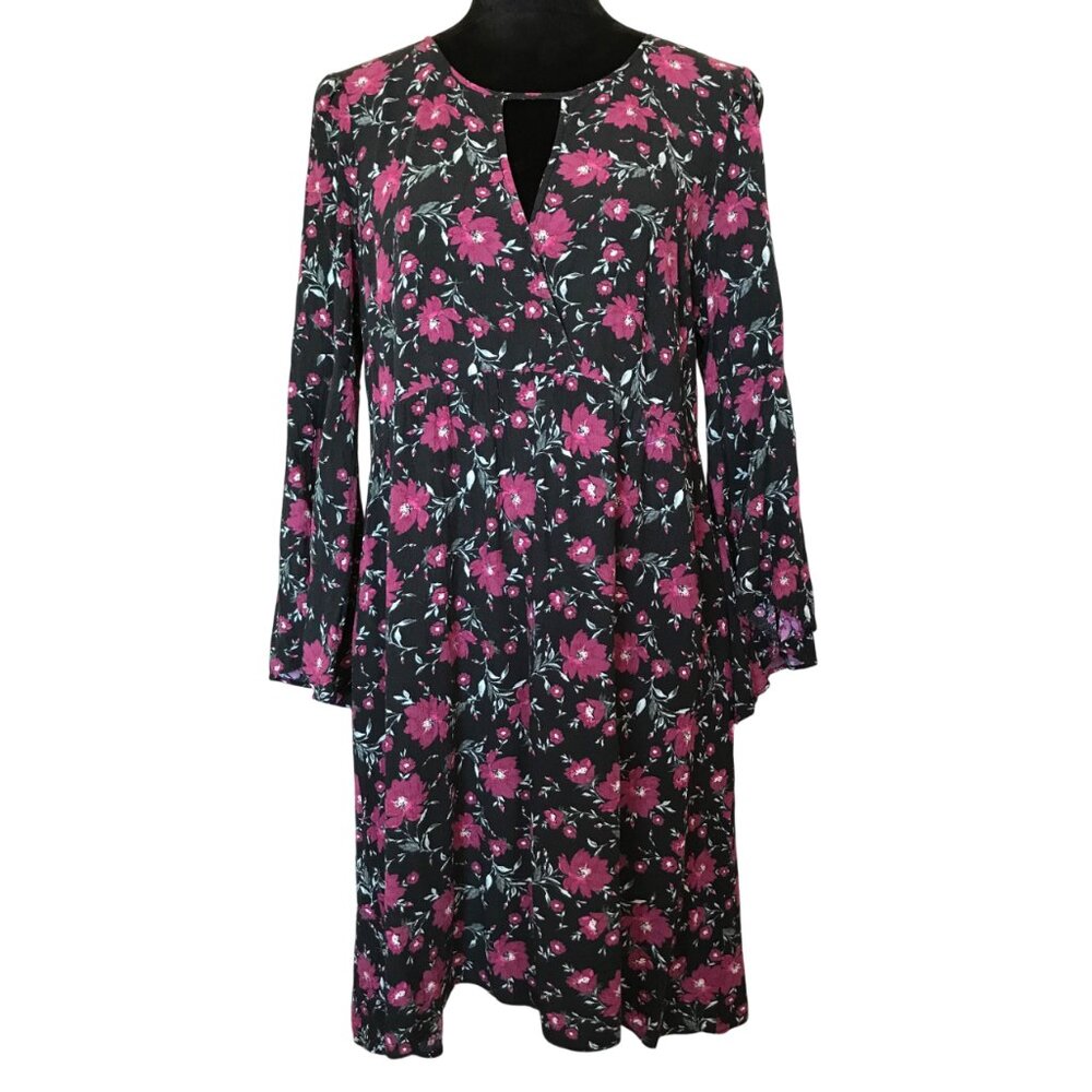 American Eagle Outfitters Dress Bell Sleeves Black & Fuchsia Floral Size XL